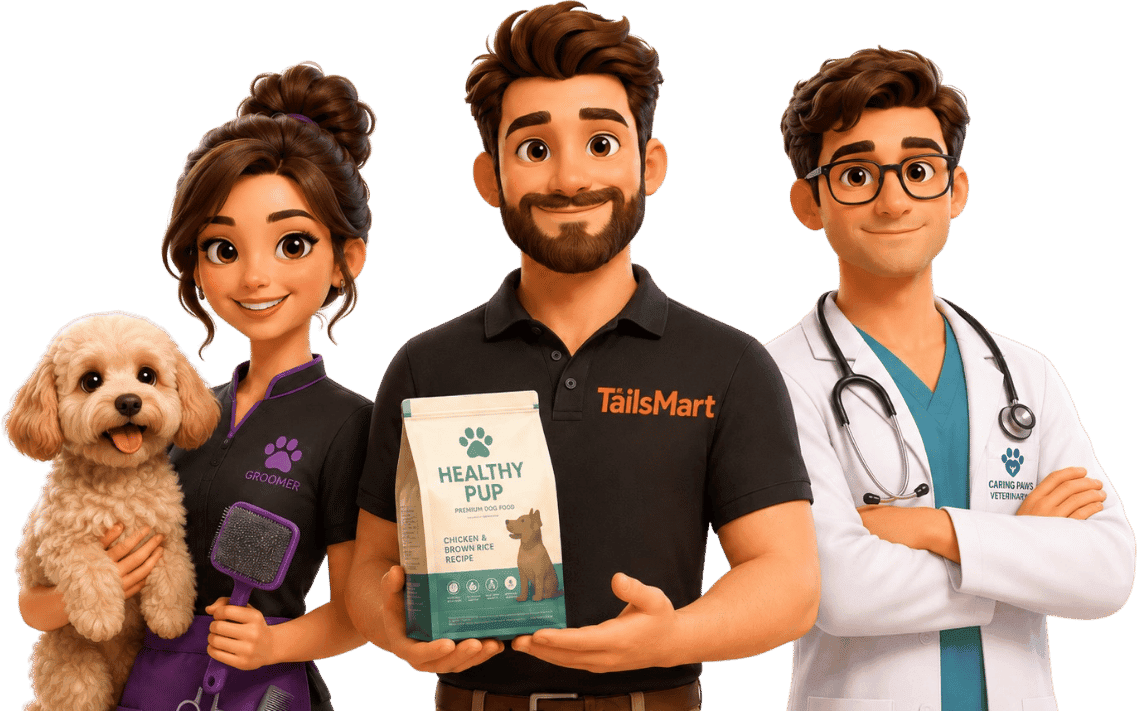 The TailsMart team — a groomer, a pet parent and a vet