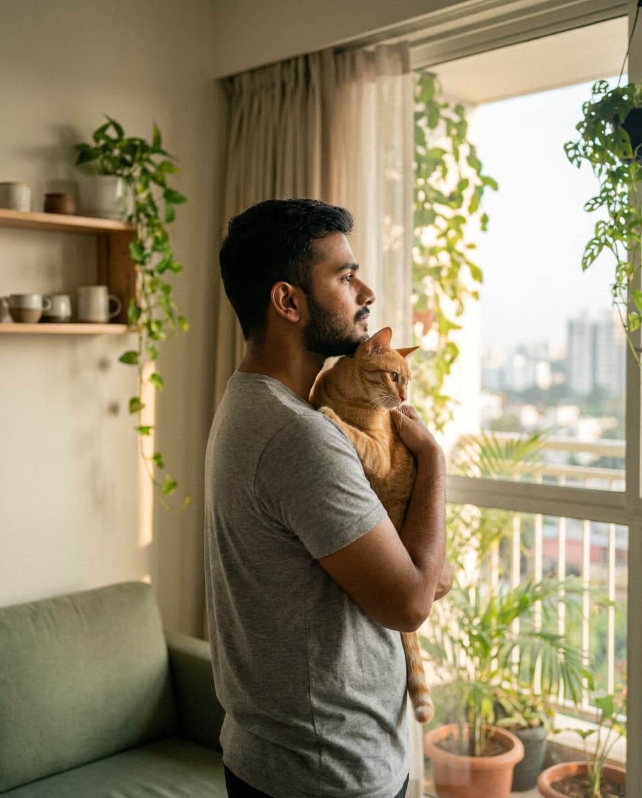 A man holding his ginger cat at home