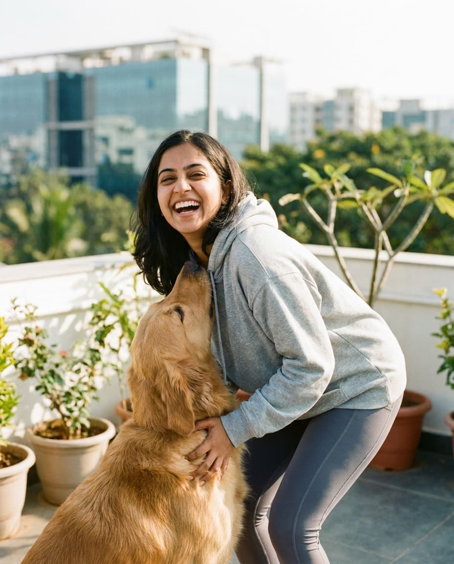 A woman laughing with her golden retriever on a rooftop