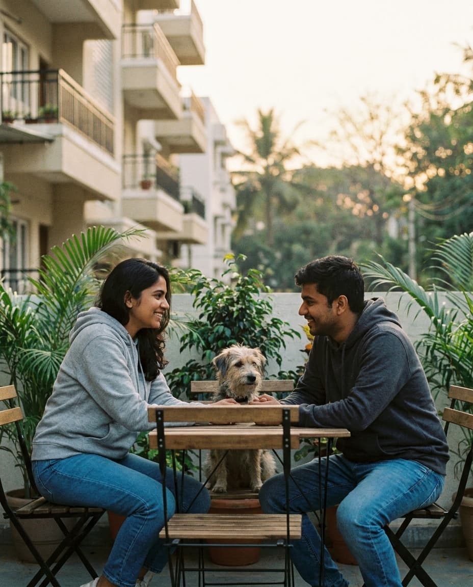 A young couple with their dog at a pet-friendly café