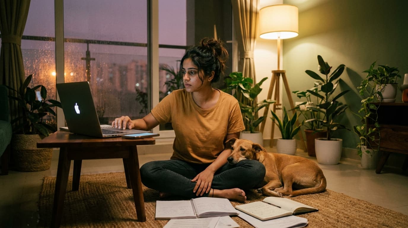A pet parent at home juggling their phone, laptop and a pile of vaccination cards and receipts, their dog beside them